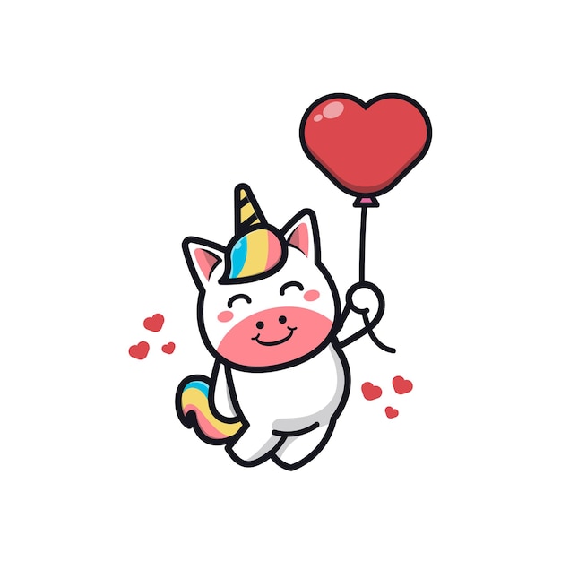 Cute unicorn holding love balloon cartoon icon illustration