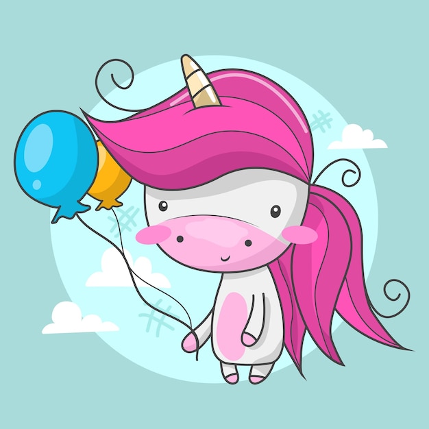 Cute unicorn holding two balloons