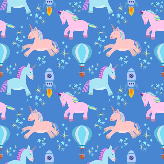 Cute unicorn horse in space seamless pattern