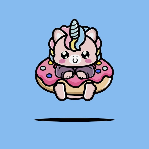 Vector cute unicorn hug big doughnut cartoon