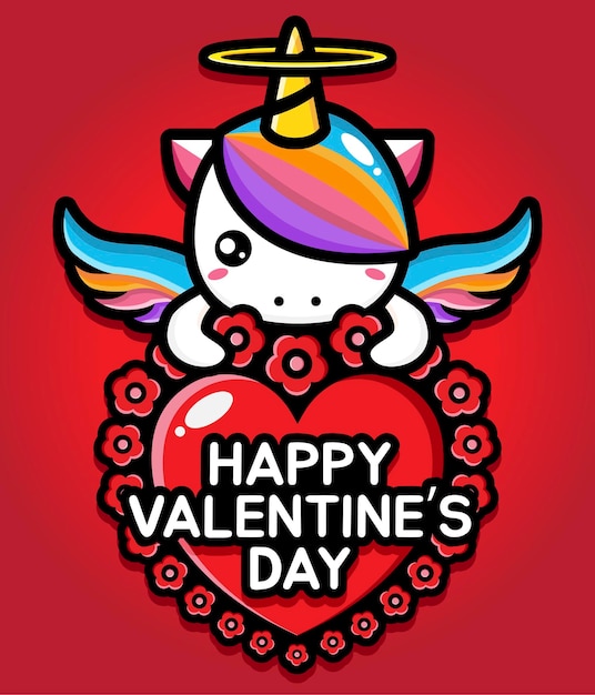 Simpatico unicorno che abbraccia un cuore con auguri di buon san valentino