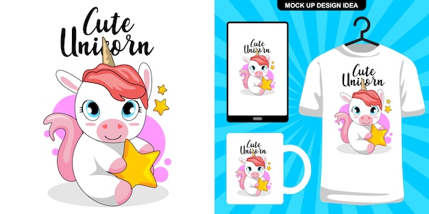 Illustrazione di unicorno carino e merchandising