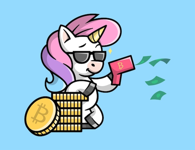A cute unicorn is bringing a money gun and leaning on a pile of coins