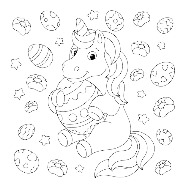 A cute unicorn is holding an easter egg. coloring book page for kids.