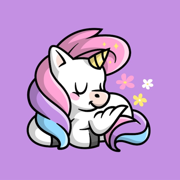 A CUTE UNICORN IS LYING AND SHOWING A HAPPY FACE CARTOON ILLUSTRATION