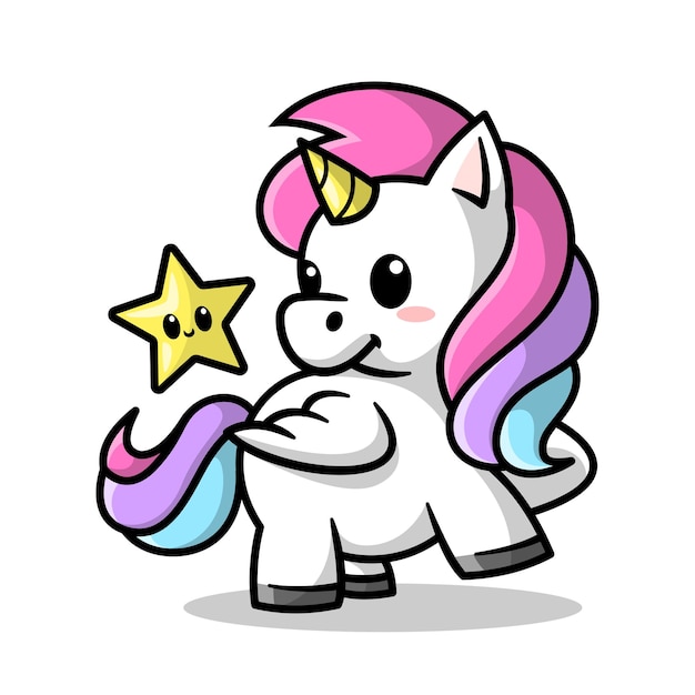 A CUTE UNICORN IS PLAYING WITH A LITTLE STAR CARTOON ILLUSTRATION