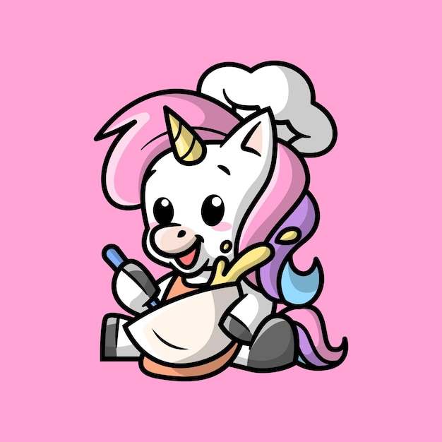 A CUTE UNICORN IS WEARING A CHEF HAT AND MAKES CAKE DOUGH CARTOON ILLUSTRATION