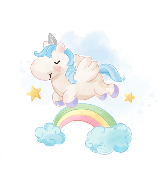 虹のイラストを飛び越えてかわいいユニコーン プレミアムベクター