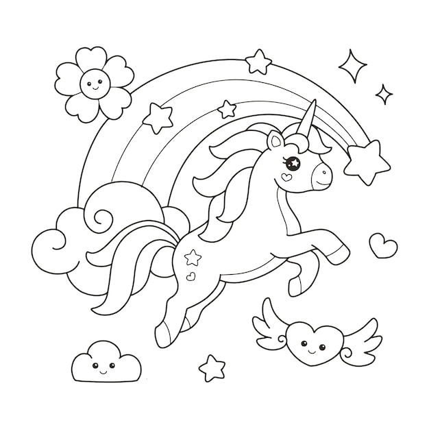 Vector cute unicorn jumping over the rainbow drawing coloring page