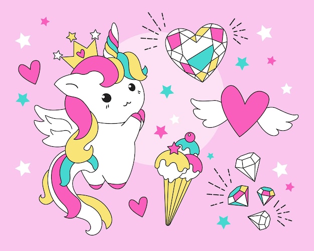 Simpatico unicorno in stile kawaii. illustrazione vettoriale con un carattere per un biglietto di auguri, stampato t-sh