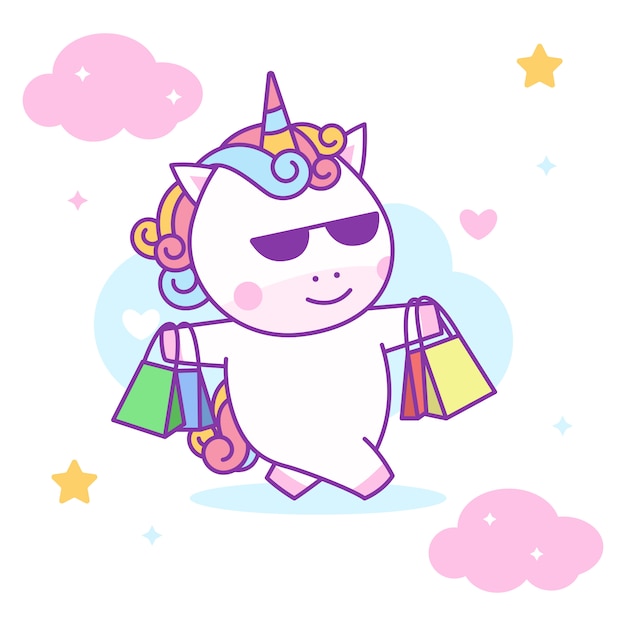 Cute unicorn lifting shopping bags