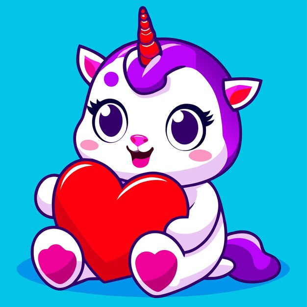 Cute unicorn love heart hand drawn flat stylish cartoon sticker icon concept isolated illustration