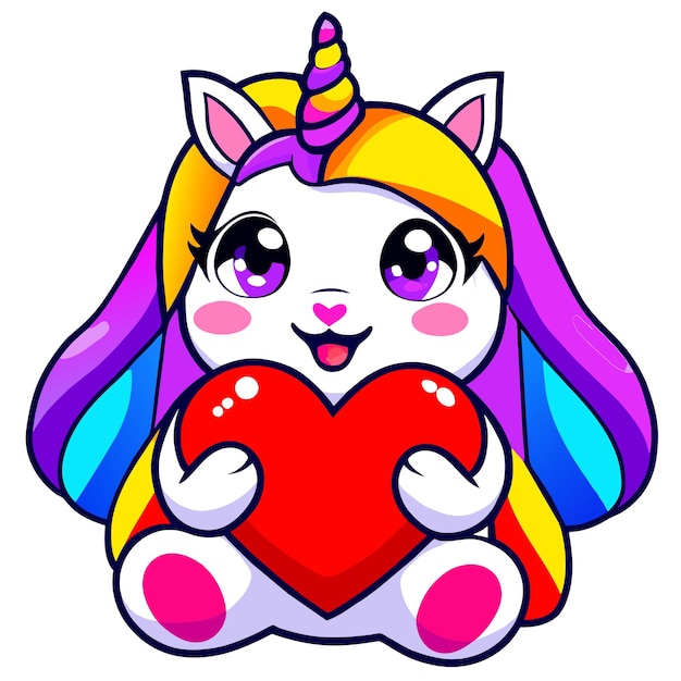 Cute unicorn love heart hand drawn flat stylish cartoon sticker icon concept isolated illustration