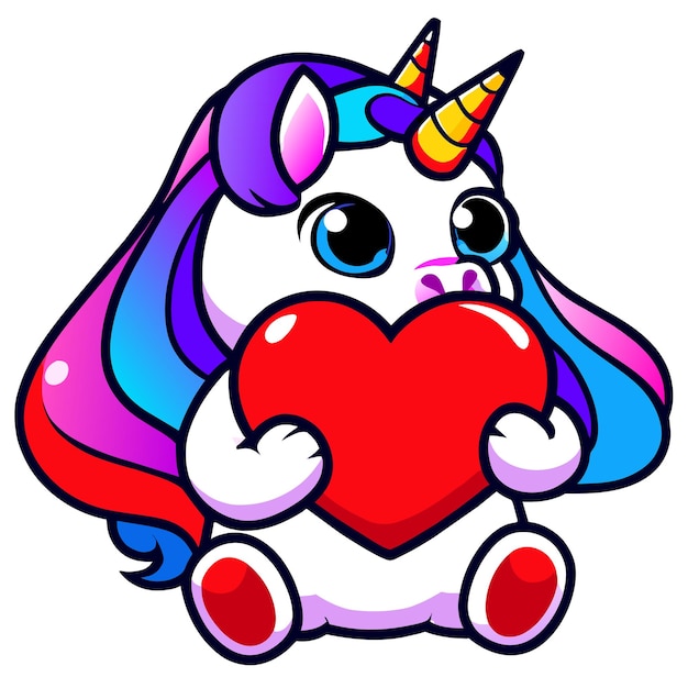 Carino unicorno cuore d'amore disegnato a mano piatto elegante adesivo cartone animato icona concetto illustrazione isolata