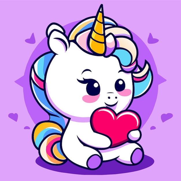 Carino unicorno cuore d'amore disegnato a mano piatto elegante adesivo cartone animato icona concetto illustrazione isolata