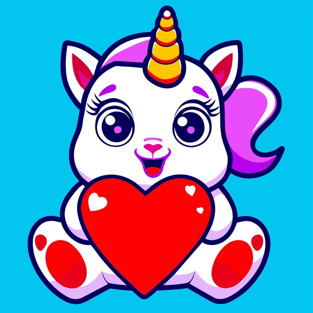 Carino unicorno cuore d'amore disegnato a mano piatto elegante adesivo cartone animato icona concetto illustrazione isolata