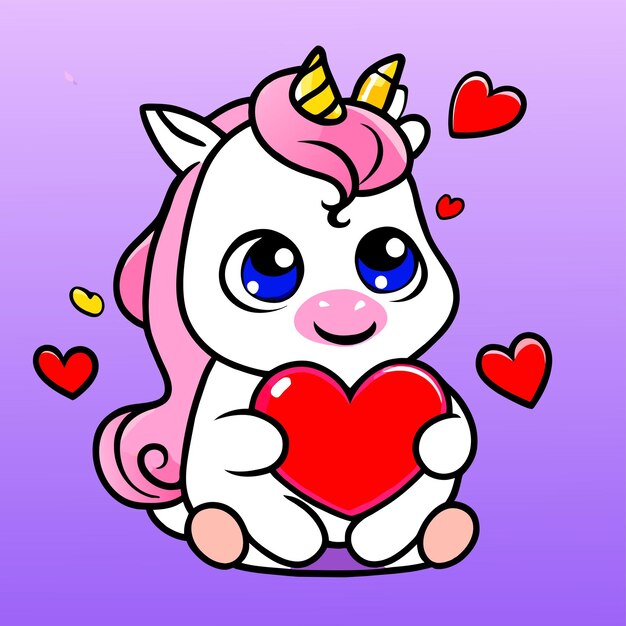 Cute unicorn love heart hand drawn flat stylish cartoon sticker icon concept isolated illustration