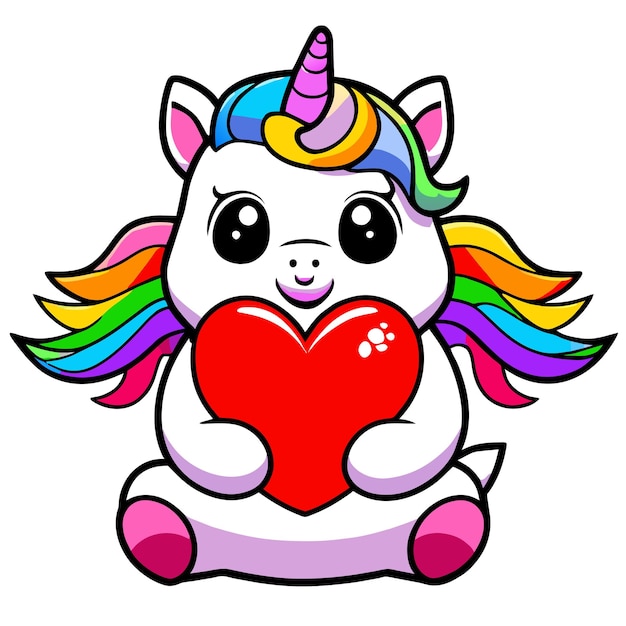 Carino unicorno cuore d'amore disegnato a mano piatto elegante adesivo cartone animato icona concetto illustrazione isolata