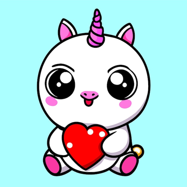 Vettore carino unicorno cuore d'amore disegnato a mano piatto elegante adesivo cartone animato icona concetto illustrazione isolata