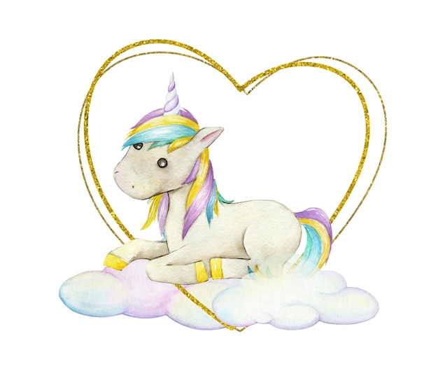 Cute unicorn lying on the clouds on the background golden frame heart watercolor concert in cartoon style