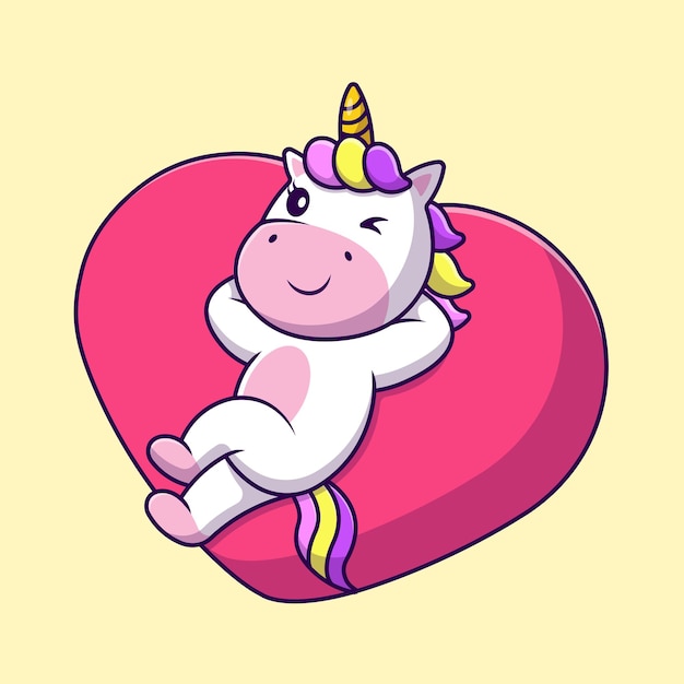 Cute Unicorn Lying On Heart Love Cartoon Vector Icons Illustration