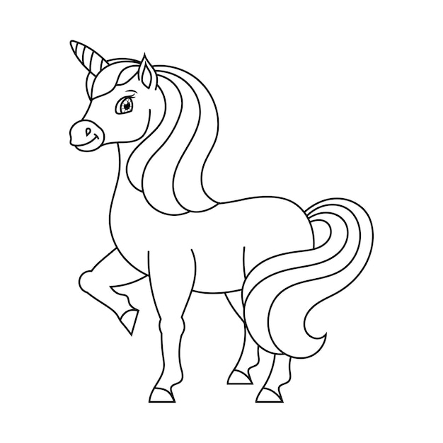 Cute unicorn Magic fairy horse Coloring book page for kids Cartoon style