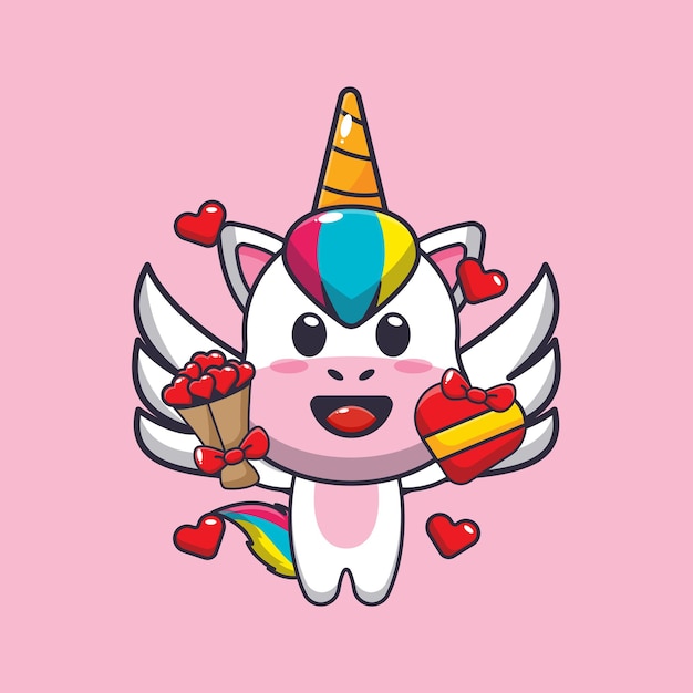 Cute unicorn mascot cartoon character illustration in valentines day