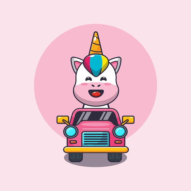 Vettore simpatico personaggio dei cartoni animati della mascotte dell'unicorno giro in auto