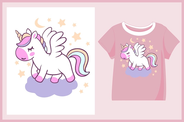 Cute unicorn mascot cartoon tshirt design with outfit preview