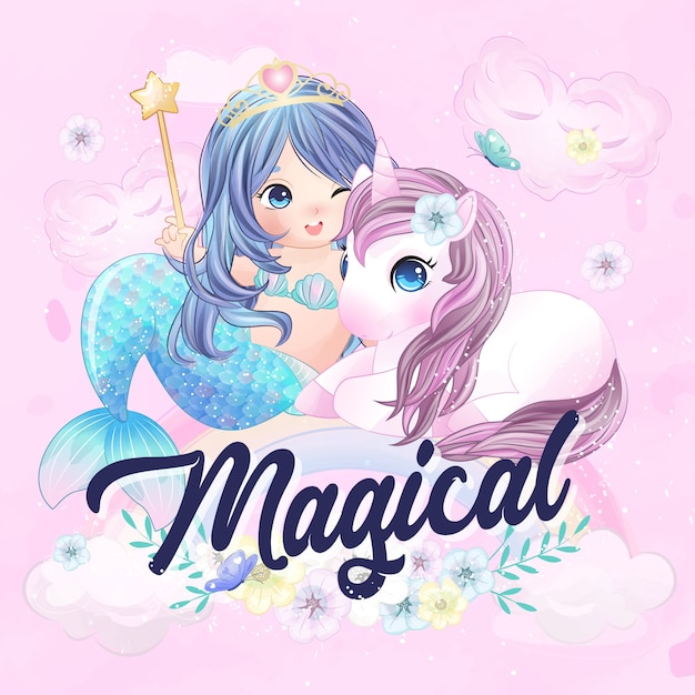 Vector cute unicorn and mermaid