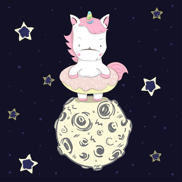 Cute unicorn on the moon cartoon