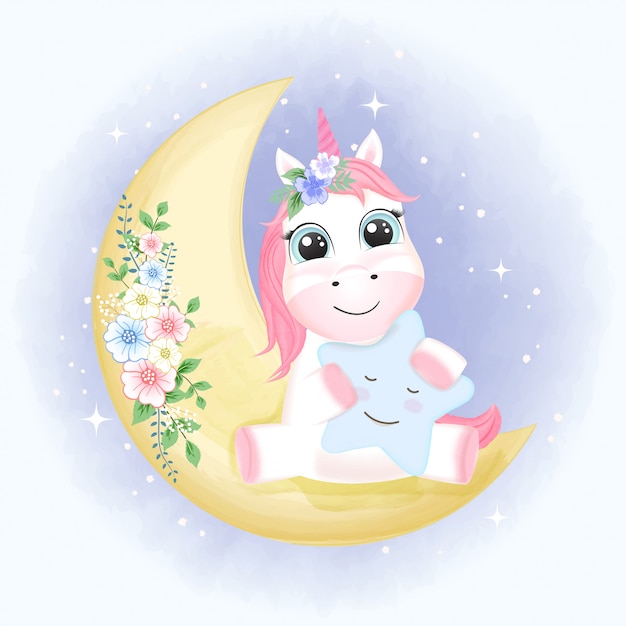 Cute unicorn on the moon hand drawn illustration