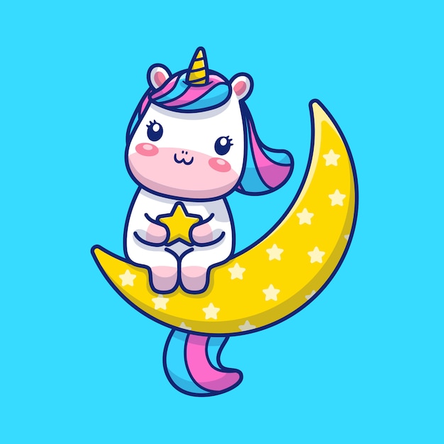 Cute Unicorn On Moon  Illustration. Unicorn Mascot Cartoon Character. Animal  Concept Isolated