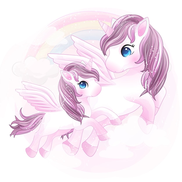 Cute unicorn mother and baby