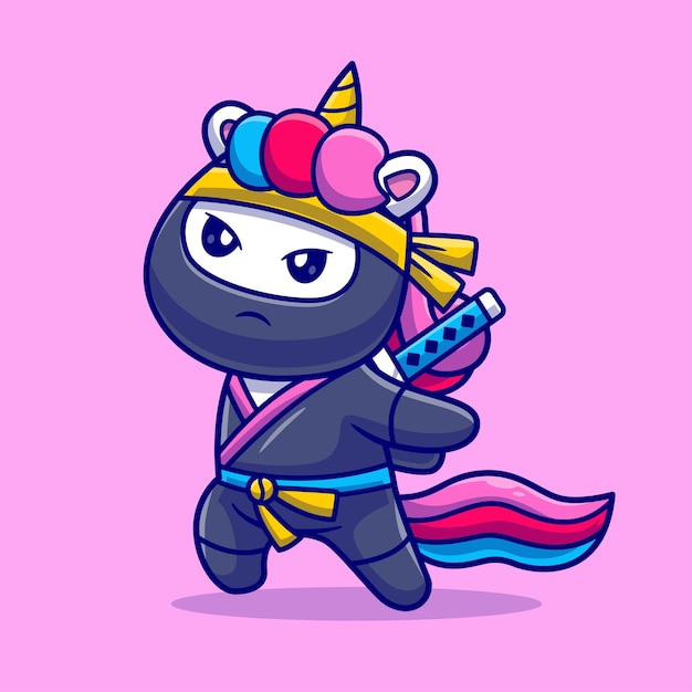 Cute unicorn ninja with sword cartoon vector icon illustration animal holiday icon isolated flat
