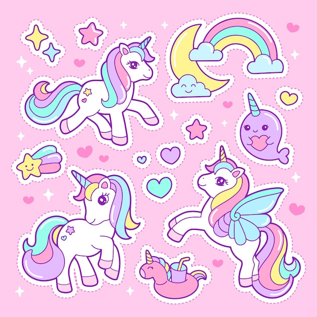 Vector cute unicorn patch stickers illustration