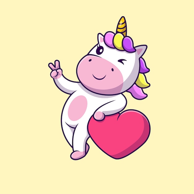 Cute unicorn peace hand with heart love cartoon vector icons illustration