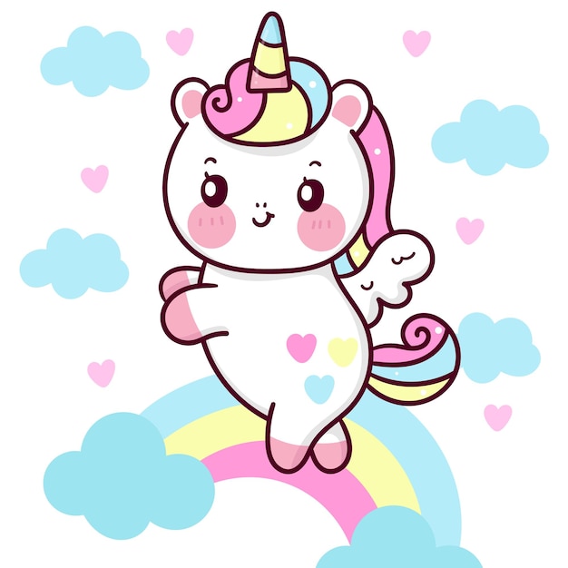 Danza del fumetto di pegaso unicorno carino su arcobaleno con cuore per animale kawaii di san valentino