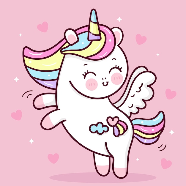 Cute unicorn pegasus cartoon dance with sweet heart kawaii animal