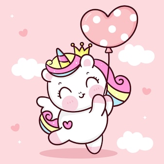 Simpatico cartone animato unicorno pegasus che tiene cuore palloncino kawaii animale