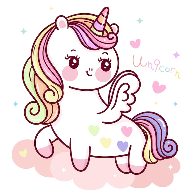 Cute unicorn pegasus cartoon on pastel sky kawaii animal