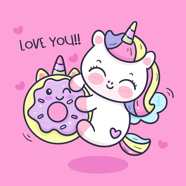 Simpatico unicorno pegasus con ciambella pony kawaii cartone animato