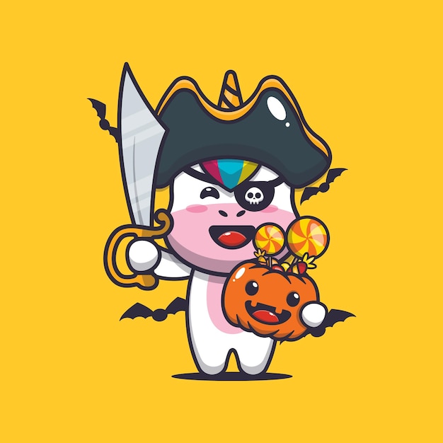 ハロウィーンのカボチャを運ぶ剣を持つかわいいユニコーン海賊かわいいハロウィーンの漫画イラスト