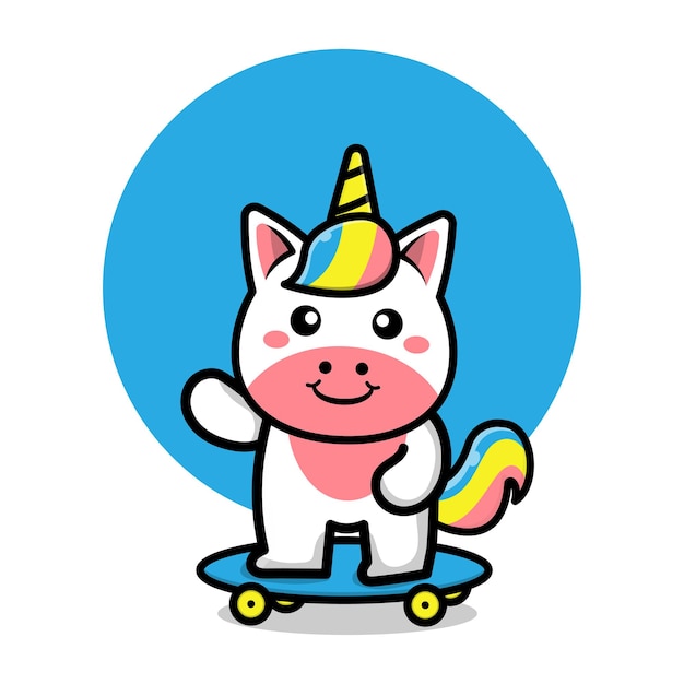 Cute unicorn play skateboard cartoon illustration