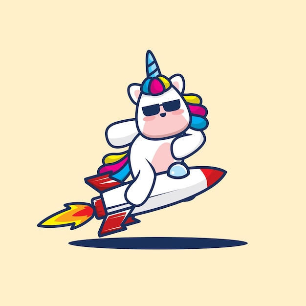 Vector cute unicorn play with rocket