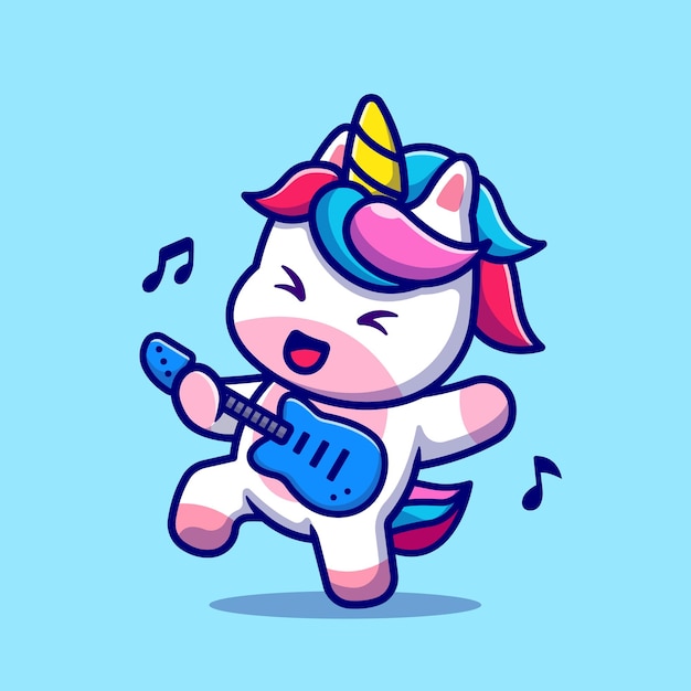 Unicorno carino suonare la chitarra cartoon. stile cartone animato piatto