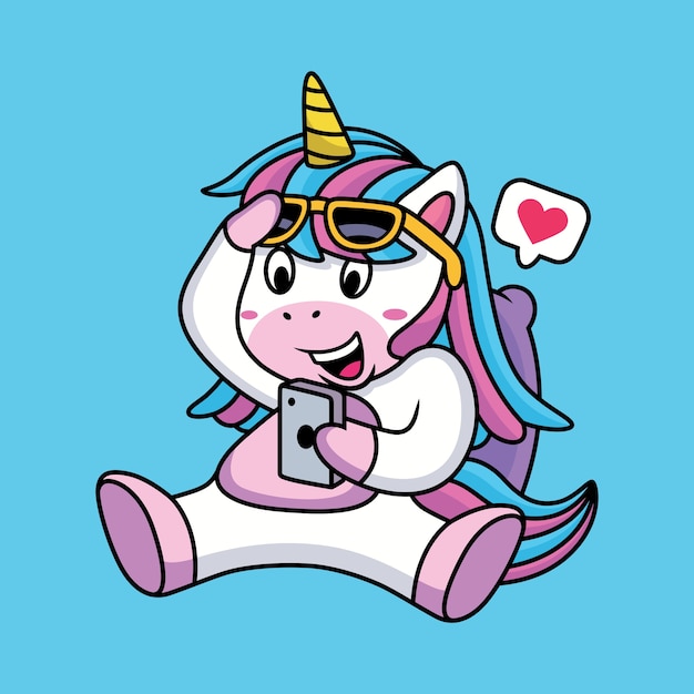 Cute Unicorn Playing Phone with Love Icon Illustration