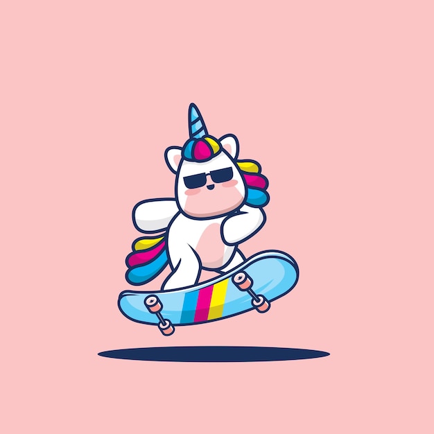 Cute unicorn playing skateboard