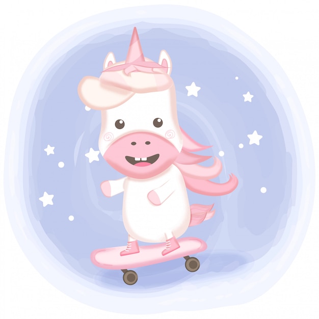 Unicorno sveglio che gioca skateboard