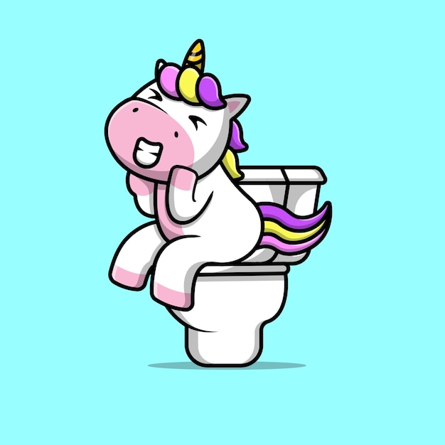 Vector cute unicorn poop on toilet cartoon vector icon illustration